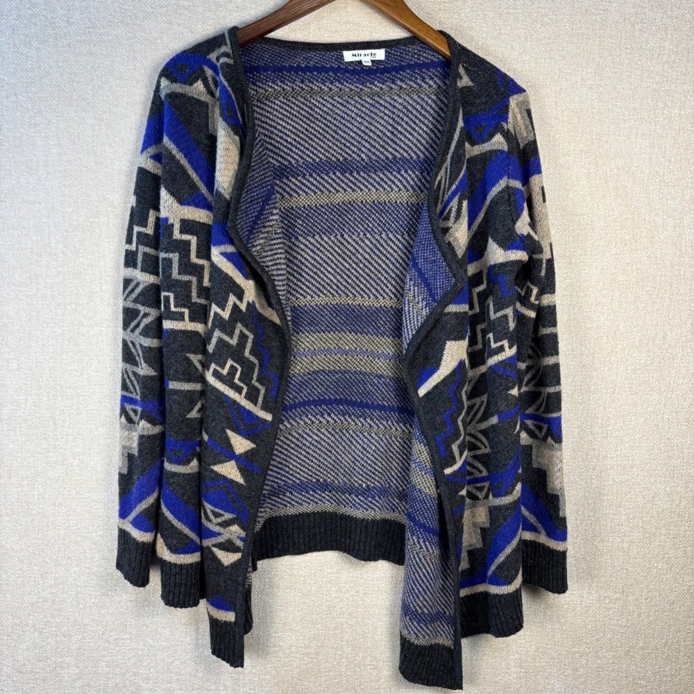 Miracle USA Womens Geometric Southwestern Open Front Cardigan Blue Grey Medium